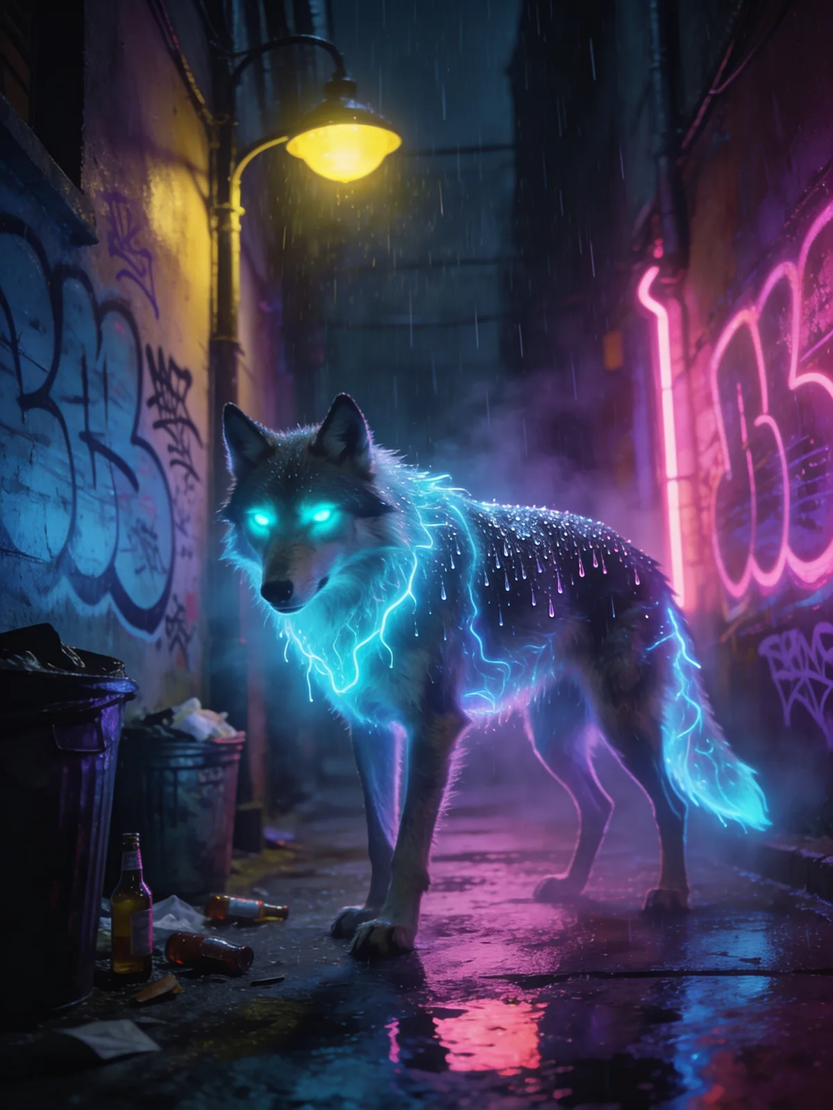 Image générée par Moqi, format 3:4 : un loup en néon dans une ruelle sous la pluie